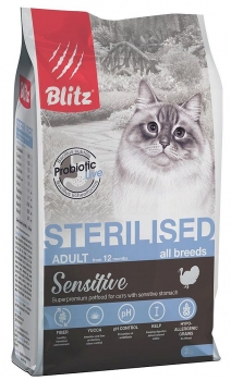 Сухой корм BLITZ Sensitive Adult Sterilised Cat Turkey для стерилизованных кошек с чувствительным пищеварением (Индейка)